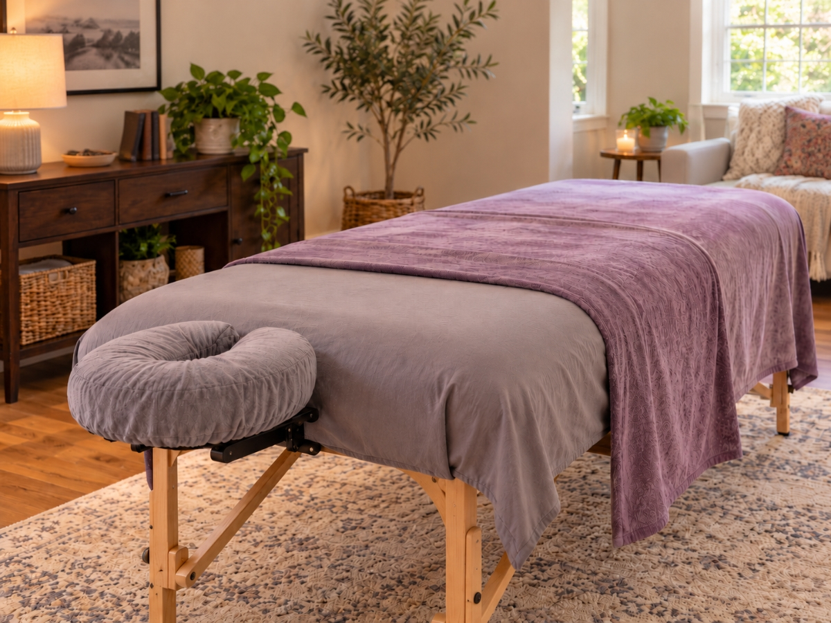Portable massage table with gray linens, matching headrest, and soft purple draping set up in a comfortable home.