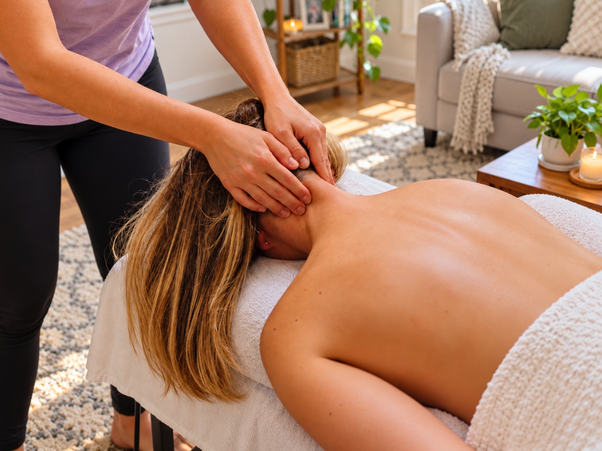 Massage therapist in a light purple shirt providing a relaxing neck massage in a bright home setting